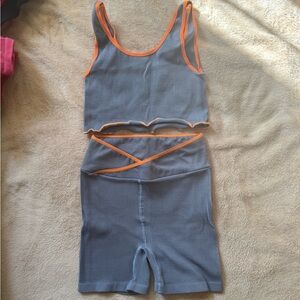 Free People Gray and Orange Pajama Set with Crop Top and High-Waisted Shorts